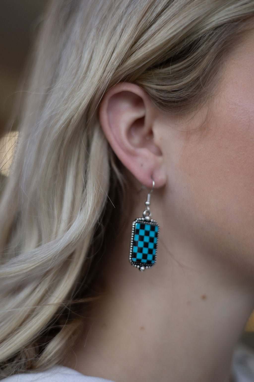 Western Turqoise and Black Checkered Rectangle Earrings — 1½" Drop