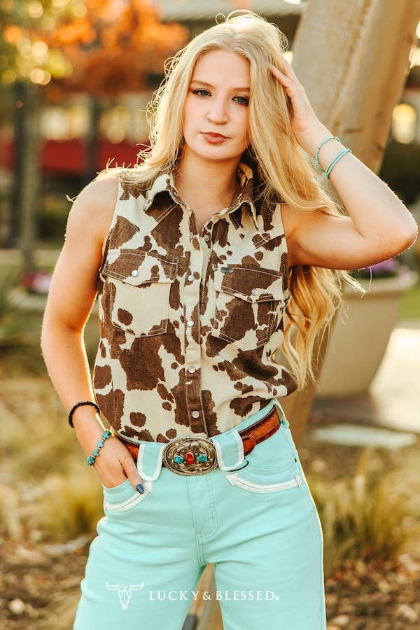 Sleeveless Cowhide Print Denim Western Shirt with Pearl Snaps