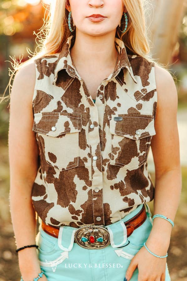 Sleeveless Cowhide Print Denim Western Shirt with Pearl Snaps