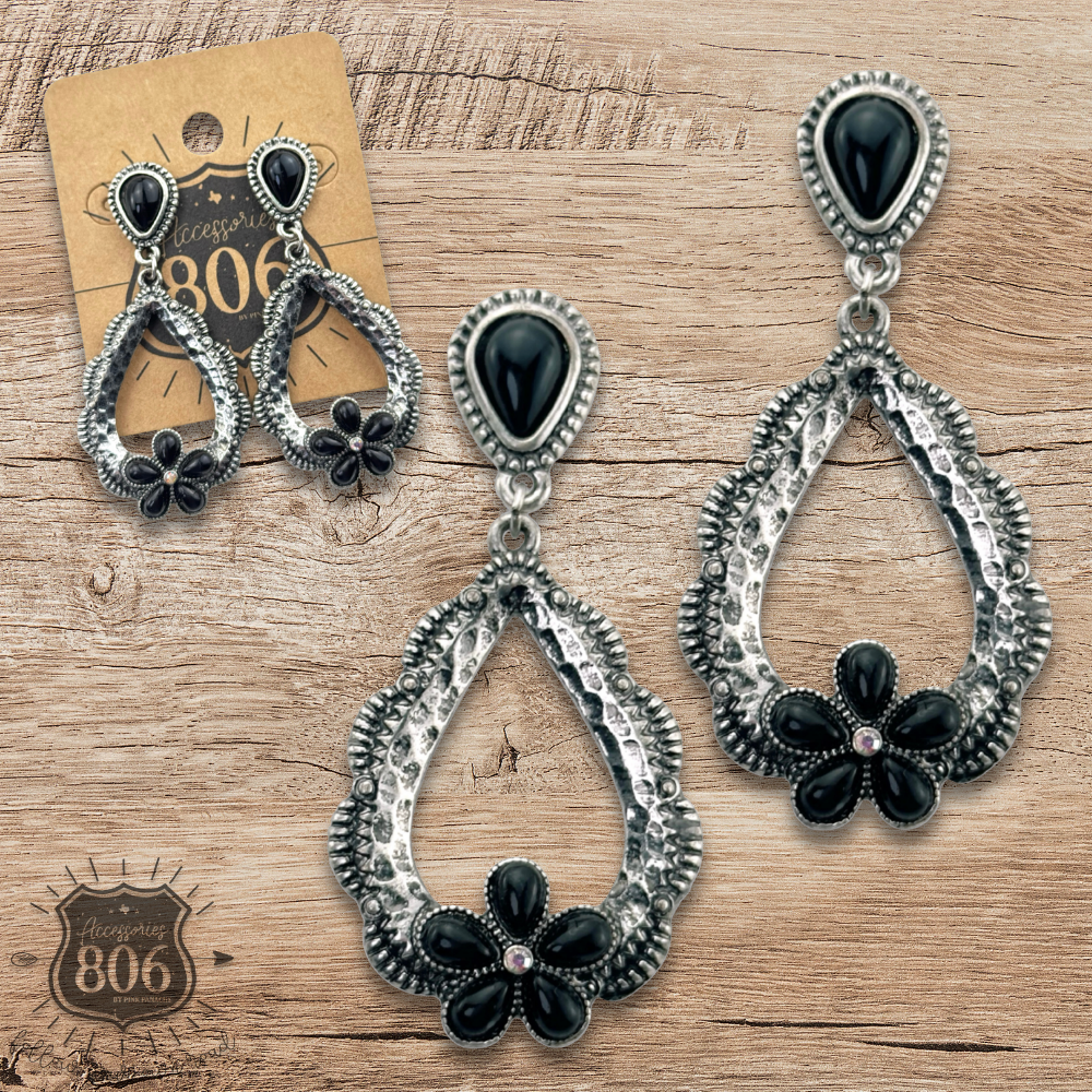 Western stone flower open teardrop earring, last call
