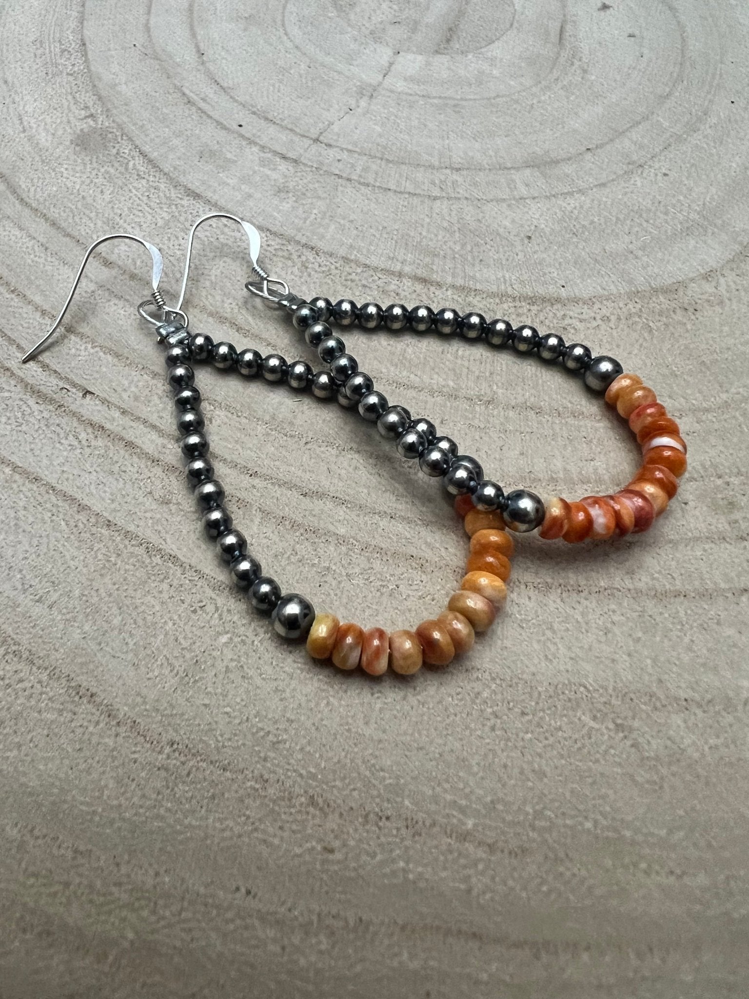 Sterling Silver Pearl & Orange Spiny Oyster Teardrop Earrings - 2 1/2 inch drop